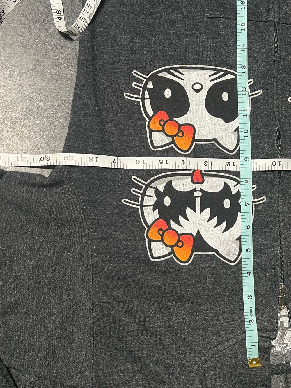 Hello Kitty Kiss Band Graphic Dark Gray Zip Hoodie with Orange Bows Theme - Picture 7 of 9